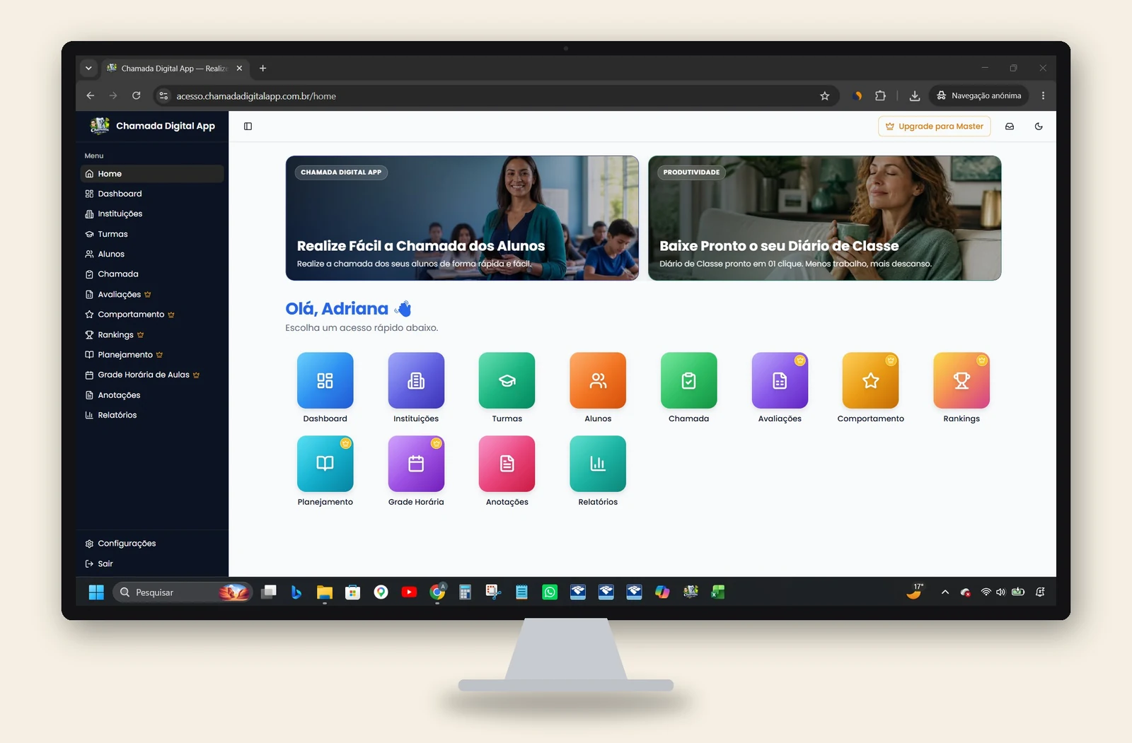 Dashboard do Chamada Digital App em um monitor desktop
